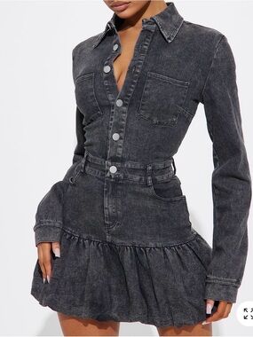 Fashion Nova Washed Black Denim Ruffle Hem Shirt Dress